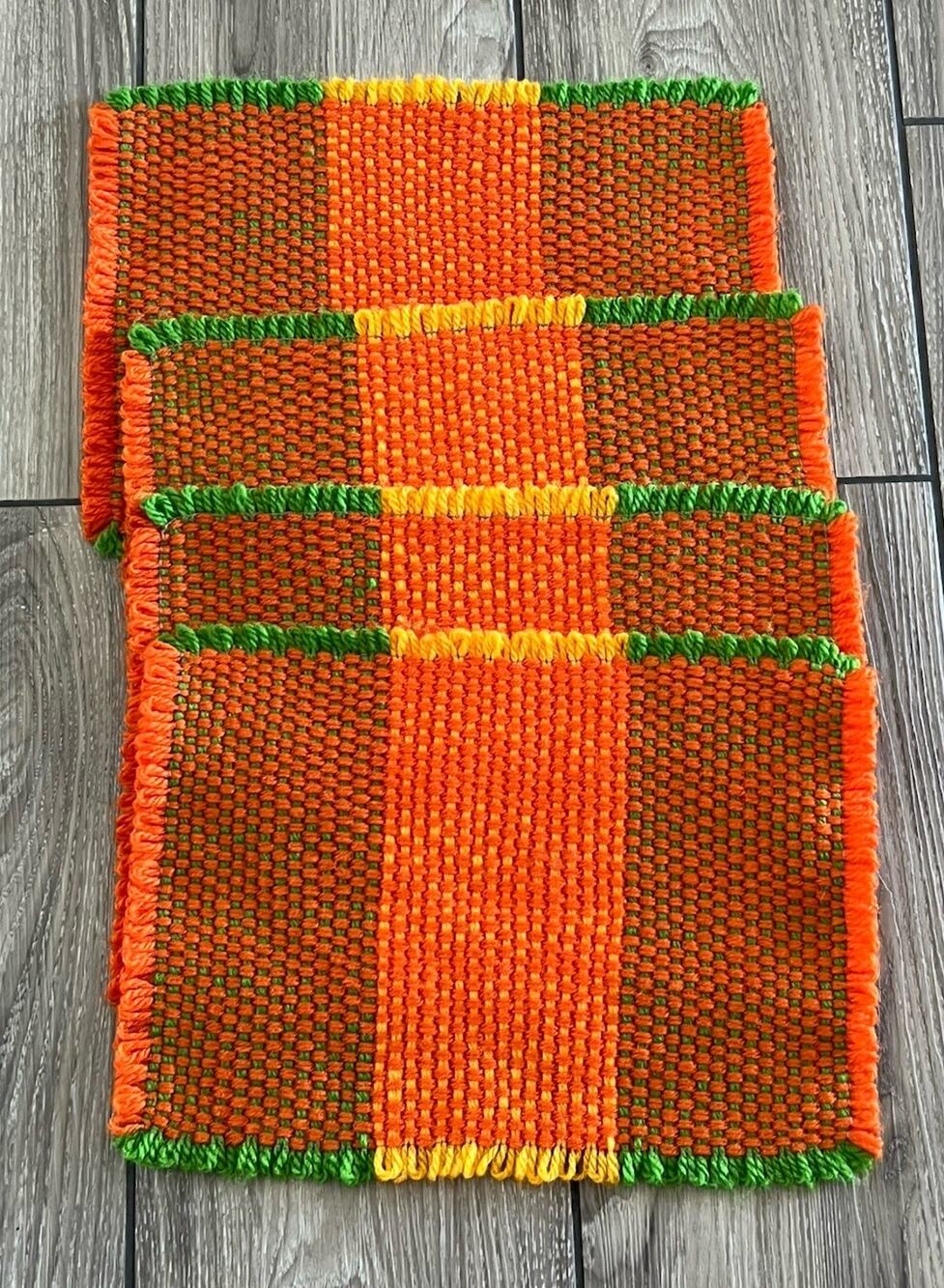 MCM Boho Chic Vintage 4 Hand Crochet Orange & Green Placemats Halloween Fall